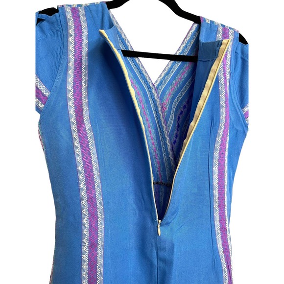 Vintage Retro Blue Quilted Striped Bow Dress with Cut Out Sleeve Small / Medium - Picture 8 of 11
